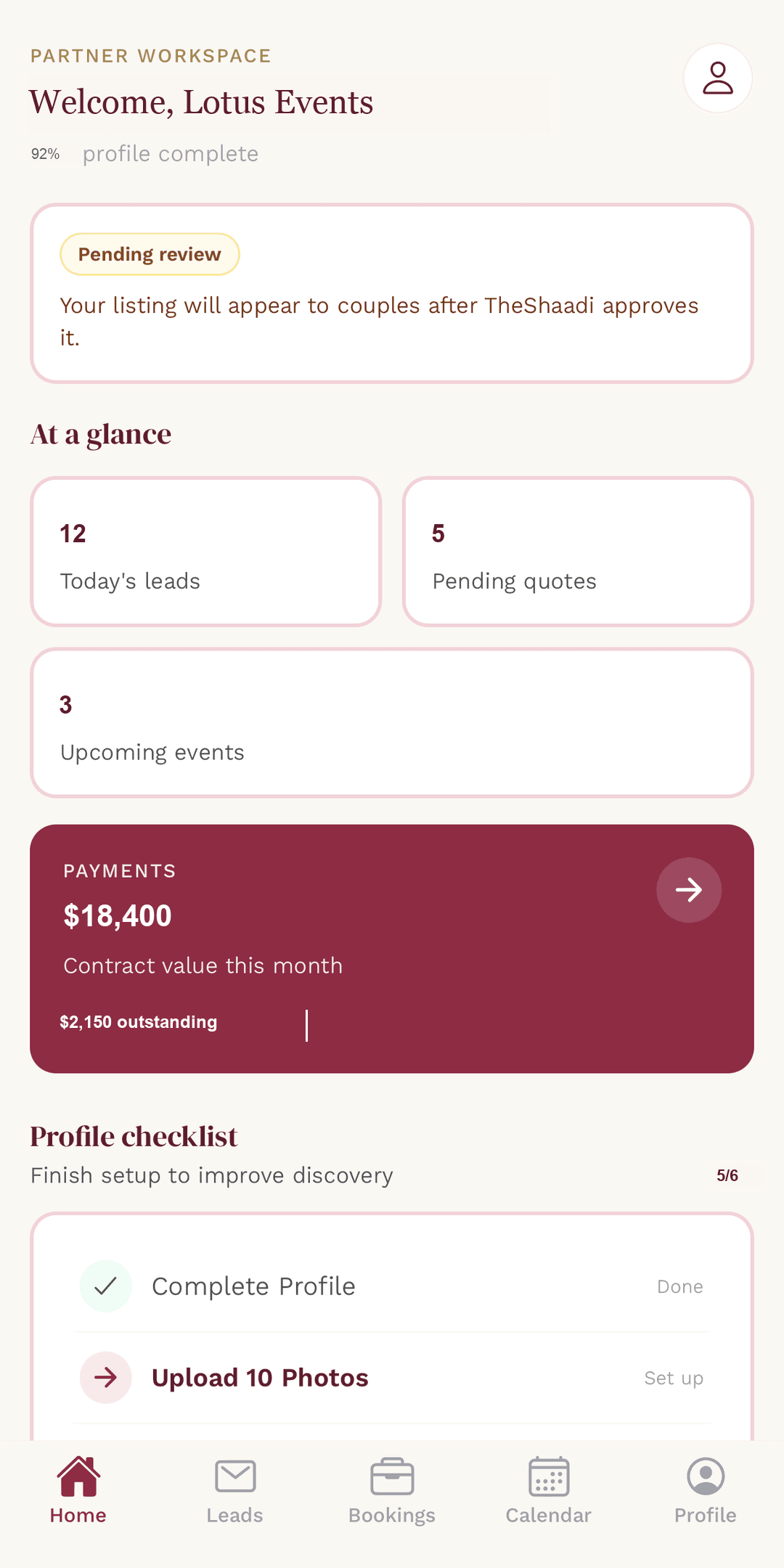 TheShaadi planning dashboard on mobile